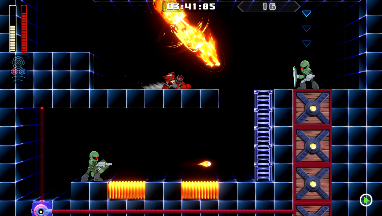 Eine Herausforderung in Mega Man 11. Der Hintergrund ist schwarz.