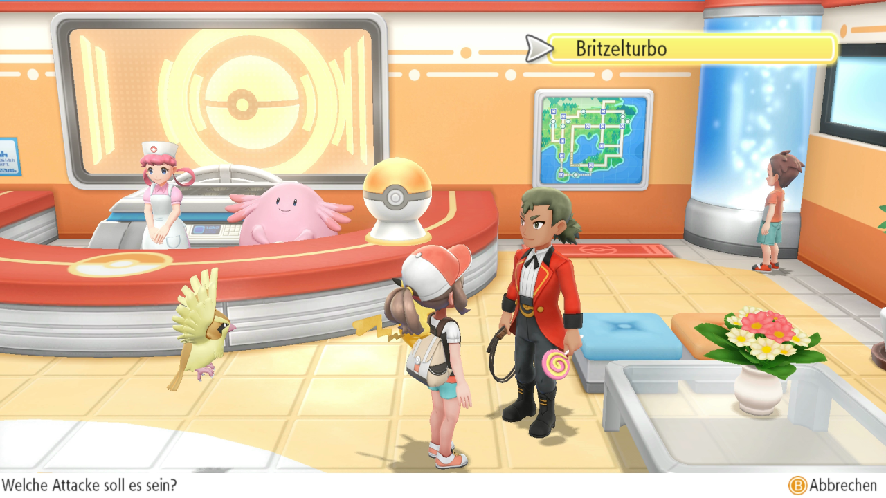 [13/11/2018] Im Pokémon-Center in Azuria City bringt der nette Mann unserem Pikachu Britzelturbo bei.