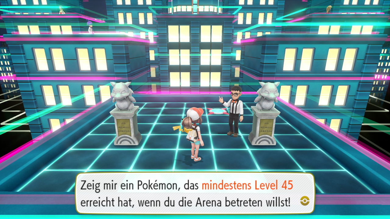 [19/11/2018] Um in der Arena von Saffronia City antreten zu dürfen, müssen wir dem Aufsehen mindestens ein Pokémon zeigen, dass mindesten Level 45 erreicht hat.