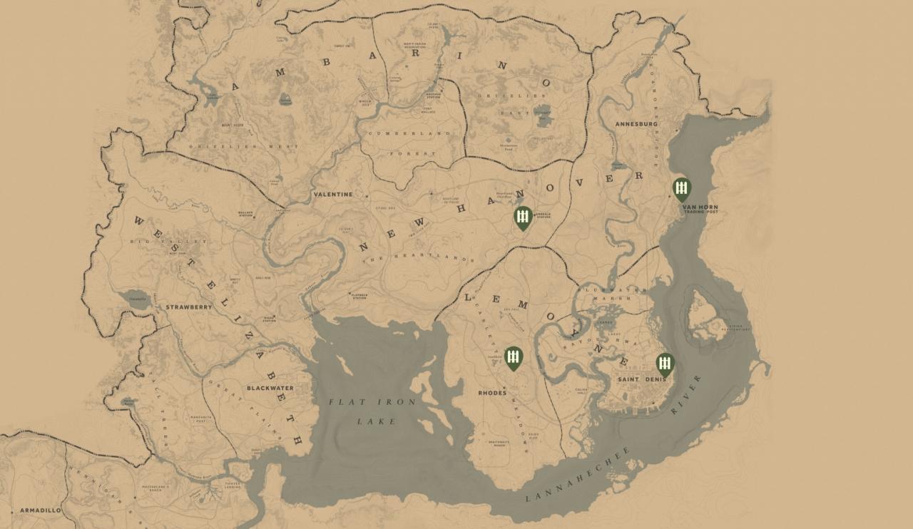 Alle Hehler in der Spielwelt von Red Dead Redemption 2 auf einer Karte.