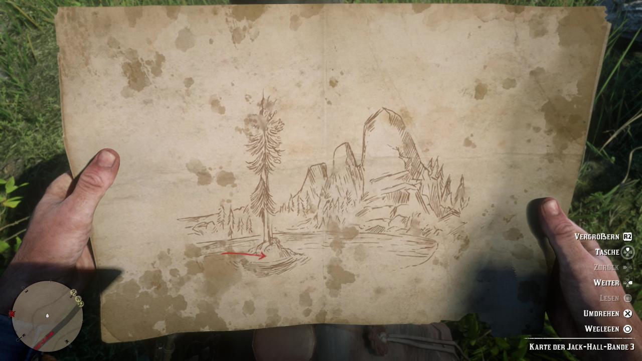 [08/11/2018] Die dritte Schatzkarte der Jack Hall Bande in Red Dead Redemption zeigt einen See samt Mini-Insel und Baum.