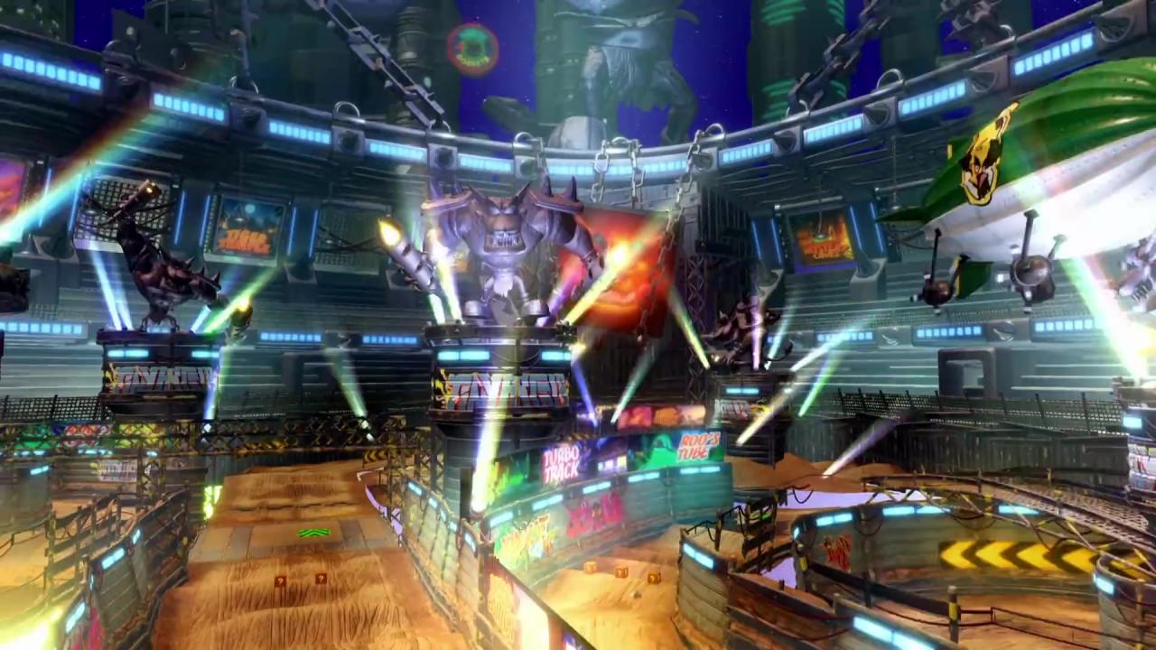 Bunte, grelle Farben und Lichter, ein riesiges Stadion und eine hübsche Neon-Optik: All das erinnert uns deutlich an so manche Strecke aus Mario Kart 8 Deluxe.