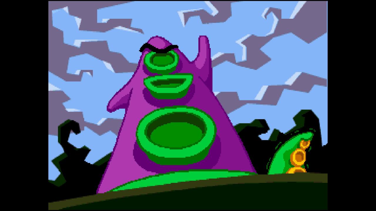 [13/12/2018] Die vielleicht wichtigste Szene in Day of the Tentacle: Nachdem Purpur-Tentakel von der Brühe der ­Matschmaschine trinkt, wachsen ihm Arme und er trachtet nach der Weltherrschaft.