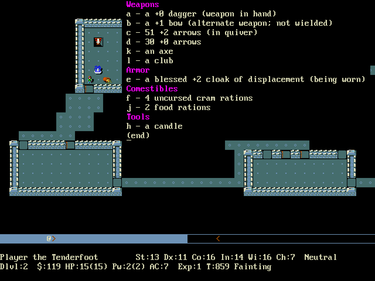 [10/12/2018] Im kongenialen rundenbasierten Rogue-like Nethack (1987) geht es darum, das Amulett von Yendor aus den Tiefen eines zufallsgenerierten Dungeons zu bergen. Die Ursprungsfassung wurde in ASCII-Optik dargestellt. Der hier abgebildete Screenshot zeigt die DOS-Version mit grafisch aufgepeppter Oberfläche.&nbsp;