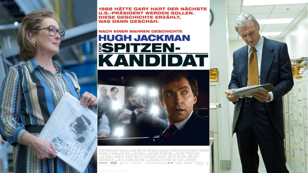 Szenenbilder aus "Die Verlegerin" und "The Secret Man", Kinoplakat zu "Der Spitzenkandidat"