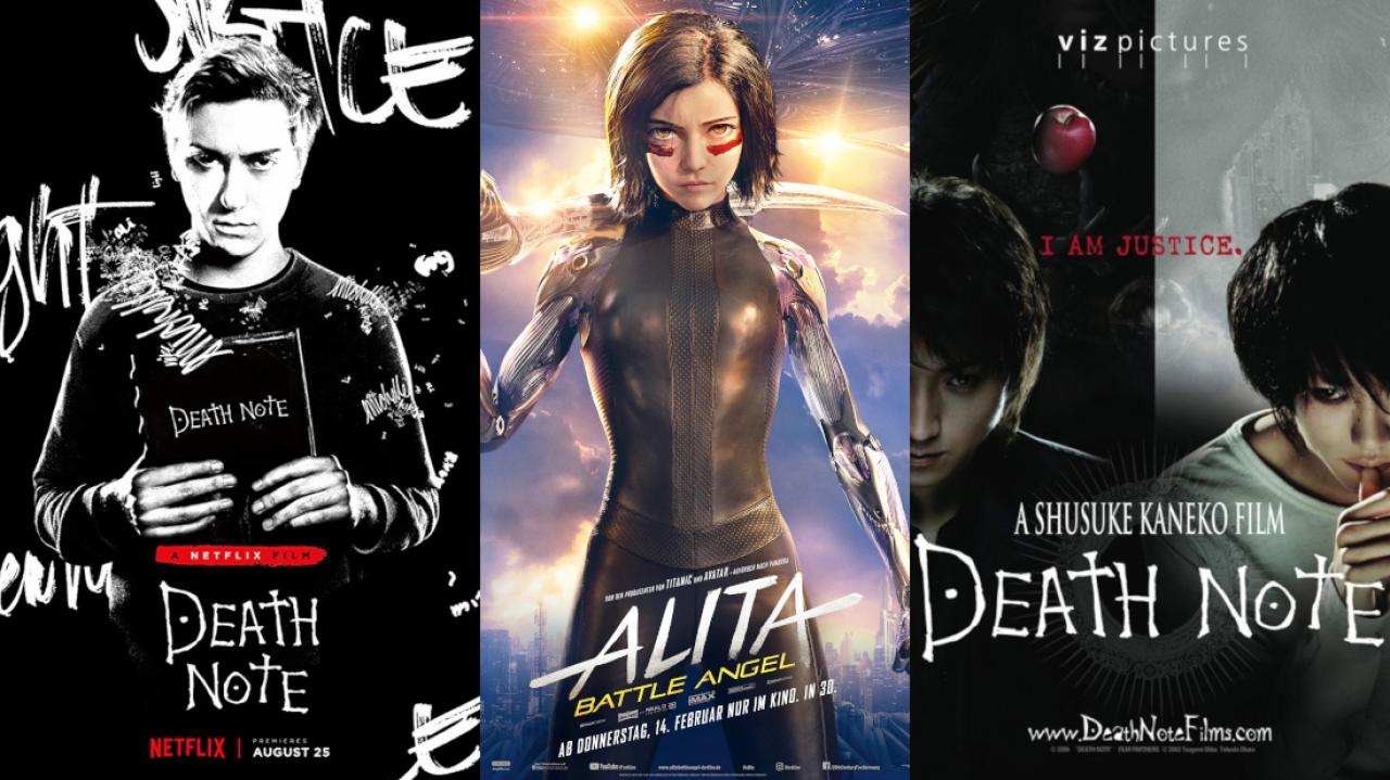 Filmplakate zu "Death Note" (2017), "Alita Battle Angel" und "Death Note" (2006)