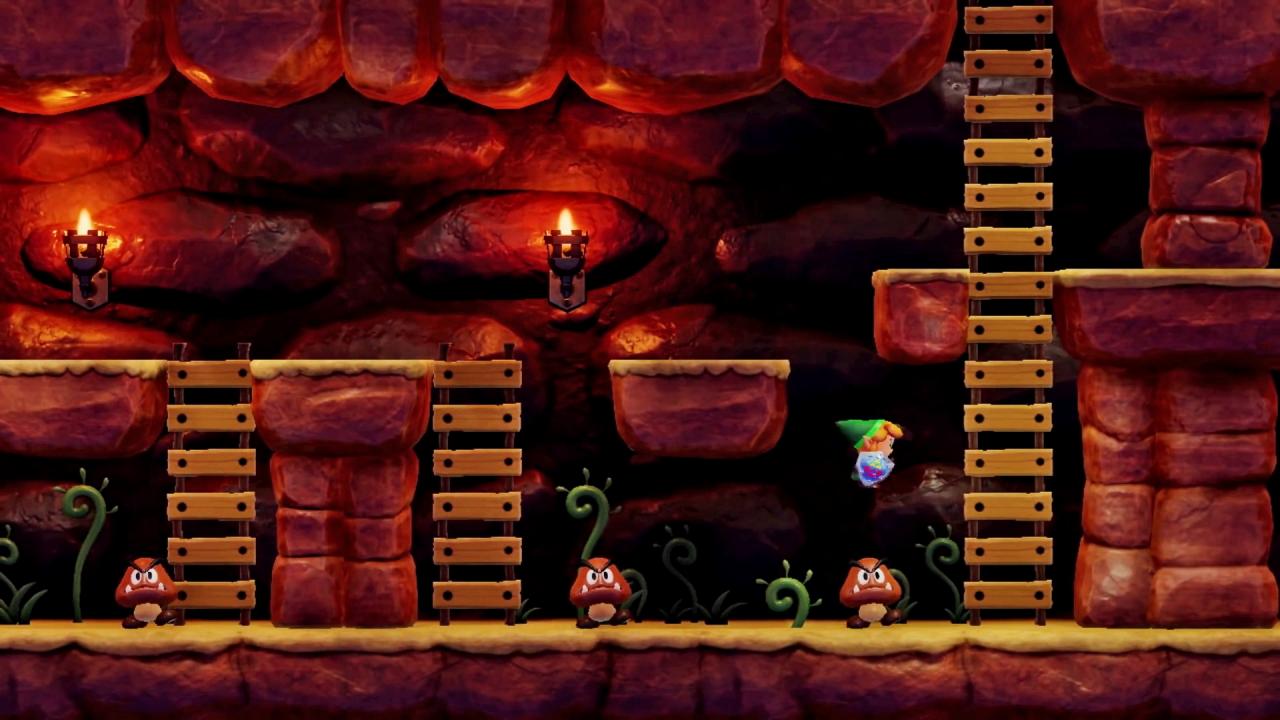Mehr noch als jedes andere Zelda-Abenteuer implementiert Link’s Awakening allerlei Elemente aus dem Mario-Universum, etwa Piranhapflanzen oder wie hier Gumbas.