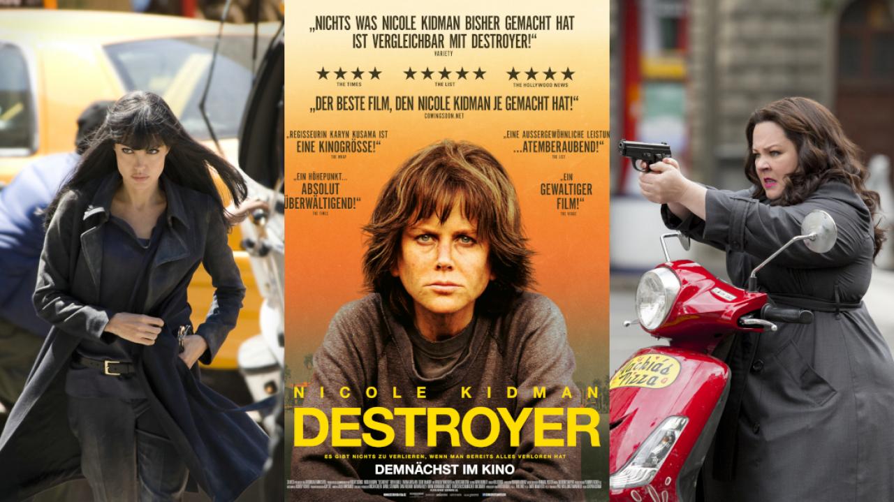 Szenenbilder aus "Salt" und "Spy - Susan Cooper Undercover" und Kinoplakat zu "Destroyer"