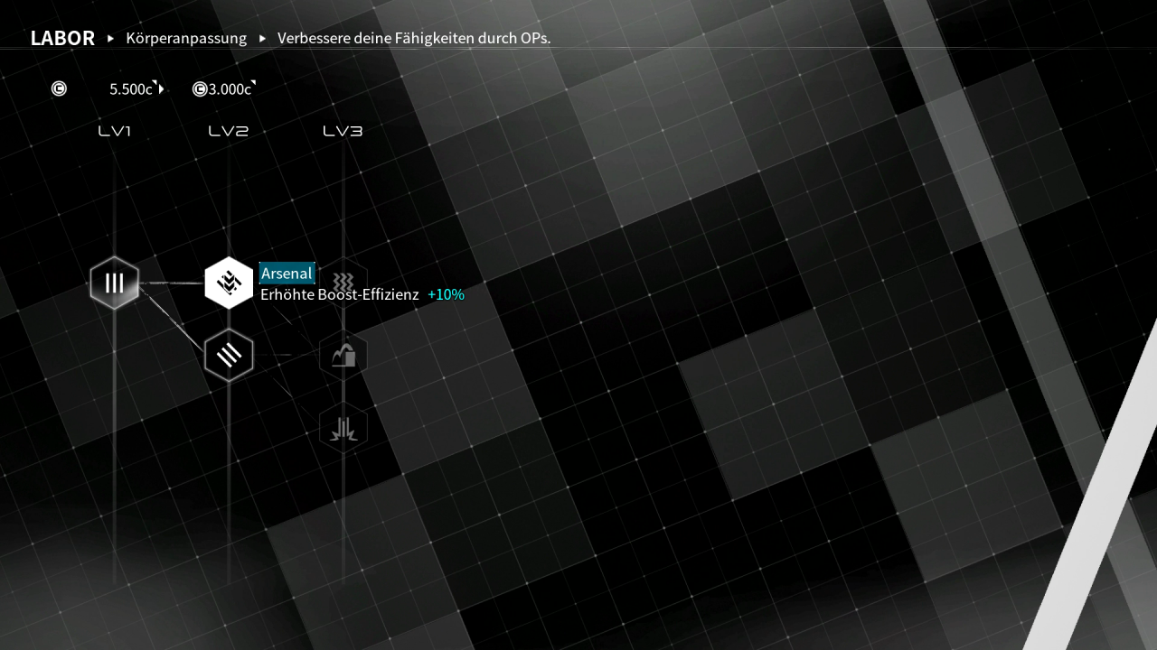Im Labor des Hangars mit seinem simplen Interface verbessert ihr die Fähigkeiten und Statuswerte eures Spielfigur gleichermaßen wie eures Kampfanzugs.