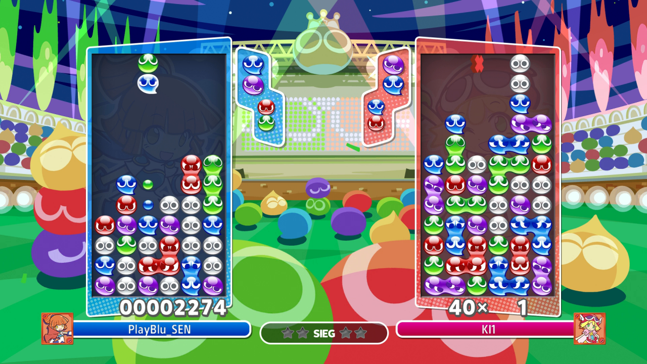 Die bunten Puyos mit den Glubschaugen verschwinden, sobald sich vier von ihnen in einer Reihe befinden. Ein ähnliches Spielprinzip wie bei Tetris.