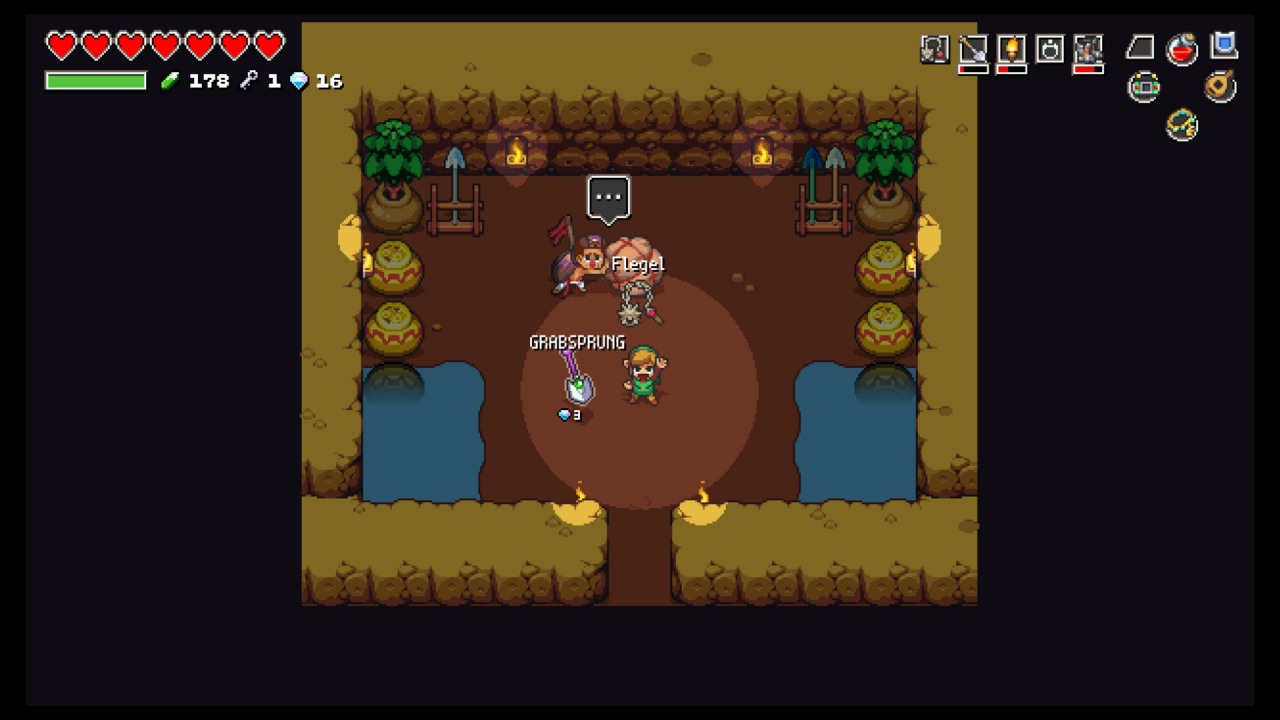[14/06/2019] Im Spiel sind mehrere Händler enthalten. Manche wollen Rubine von euch, manche Diamanten. Und auch der singende Händler aus Crypt of the Necrodancer taucht auf ein trällert ein Liedchen.