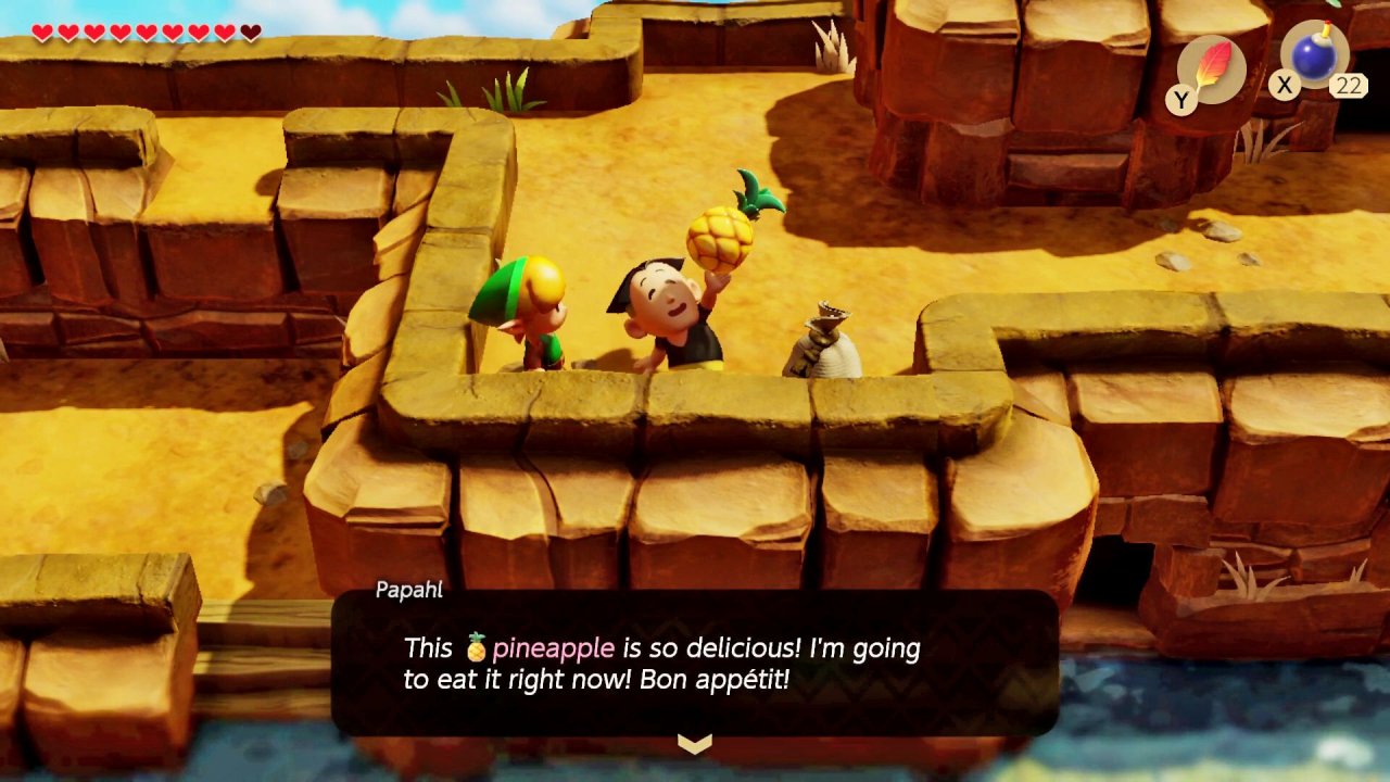 [06/09/2019] Zelda ist seit jeher für ausgedehnte Tauschquests bekannt und jener in Link’s Awakening war einer der ersten. Was wir wohl von Papahl für diese Ananas bekommen?