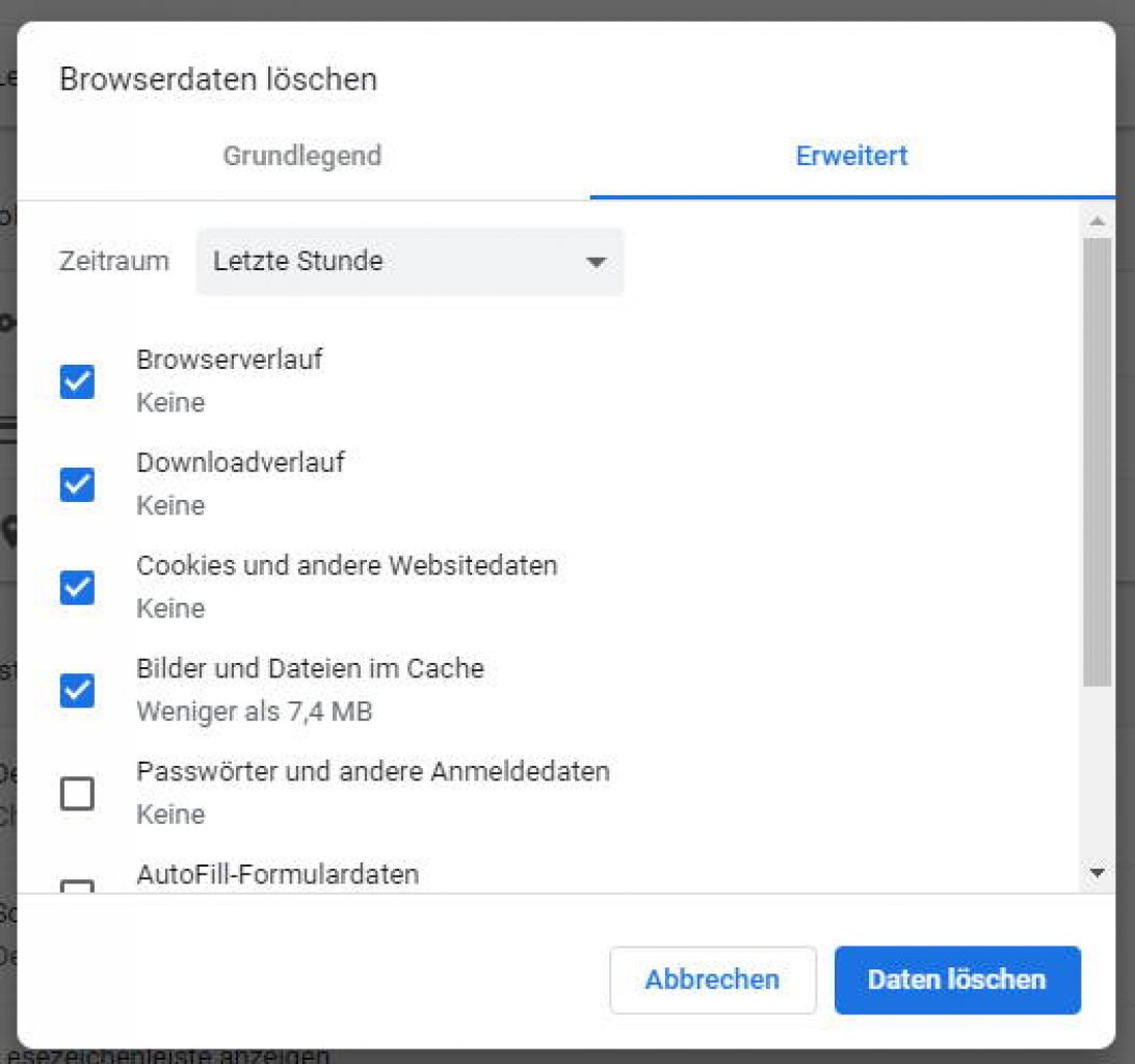 [22/11/2019] Die detaillierten Optionen zum Löschen der Verlaufes bei Chrome