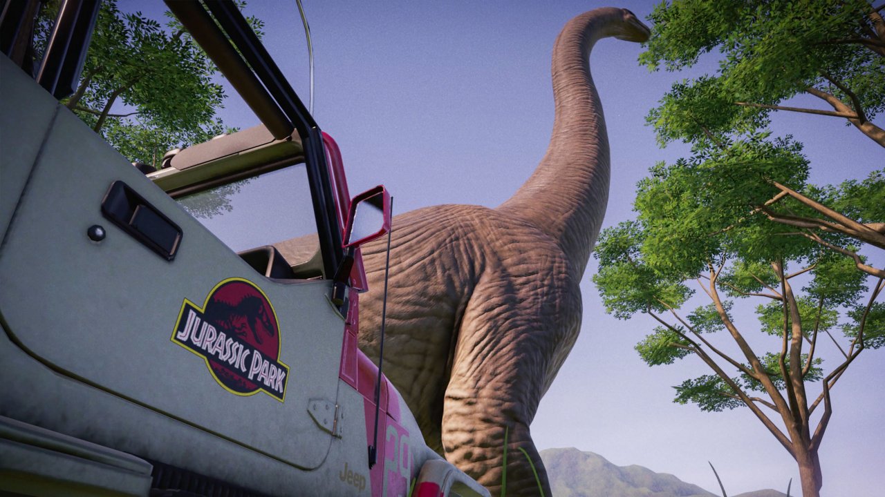 [26/11/2019] Dieser Brachiosaurus nimmt einen Happen von der Baumkrone. In Return to Jurassic Park erkunden Besucher den Park in Jeeps.