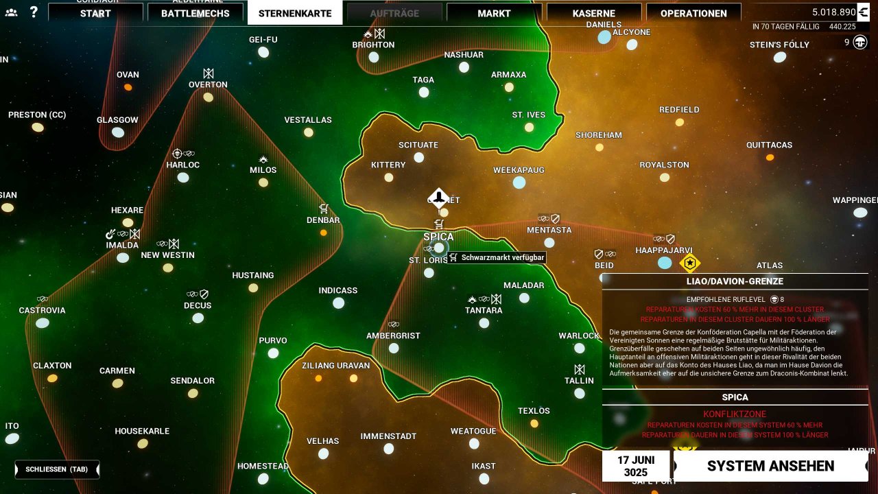 [10/12/2019] Mechwarrior 5: Mercenaries - Ein Teilbereich des Sternereichs, genannt Innere Sphäre, das die Grenze zwischen den Häusern Davion (Gold) und Liao (Grün). Fun Fact: ihr könnt jeden Planeten auf der riesigen Sternenkarte bereisen.