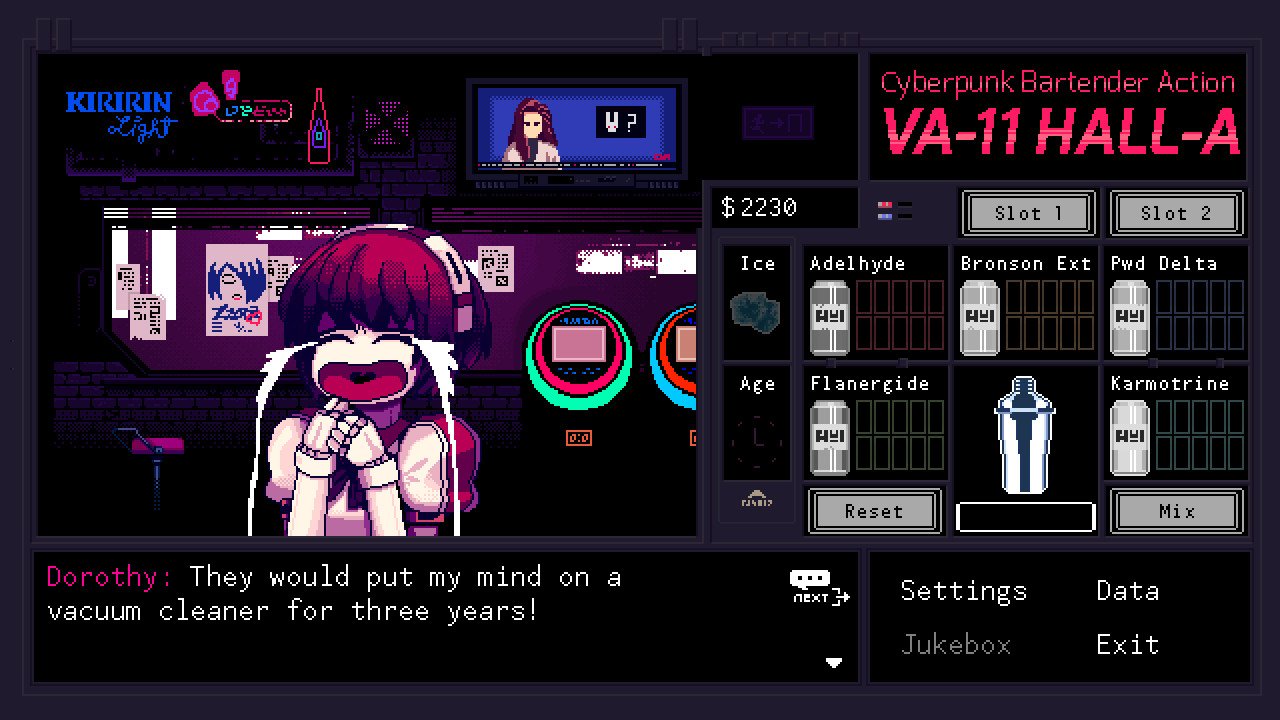 Da es in Va-11 Hall-A keine Vertonung gibt, gehört viel Lesen leider mit zum Spielerlebnis.