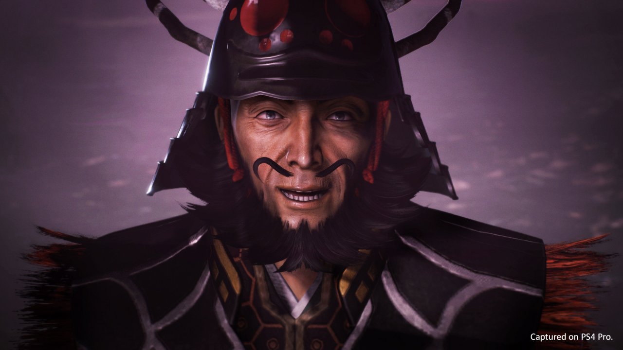 Samurai in Rüstung und extrem gekräuselten Schnurrbart.
