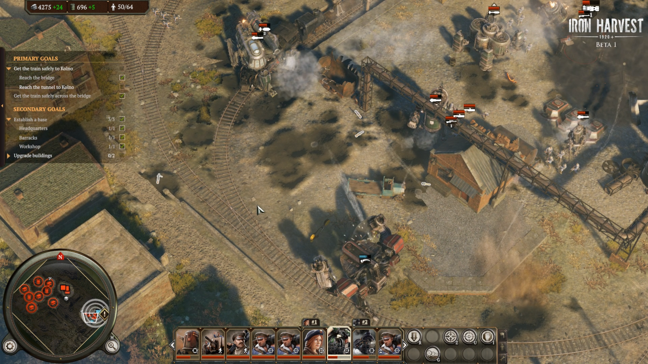 [23/03/2020] Die Mechs besitzen unterschiedliche Spezialisierungen. Der Mech in der unteren Bildmitte hat zwei riesige Klingen als Waffen und ist deshalb gut im Nahkampf, während der Mech am oberen Bildrand mit seiner großen Kanone für den Fernkampf gerüstet ist.