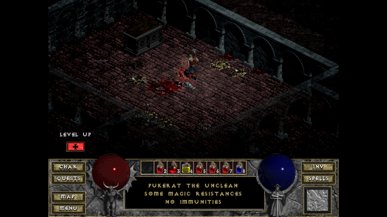 [26/03/2020] Ganz schön eklig: Nach einem erfolgreichen Kampf ist der Boden mit Blut getränkt. Außerdem freuen wir uns über einen Stufenaufstieg, erkennbar am „Level Up“-Symbol links im Bild. &nbsp;