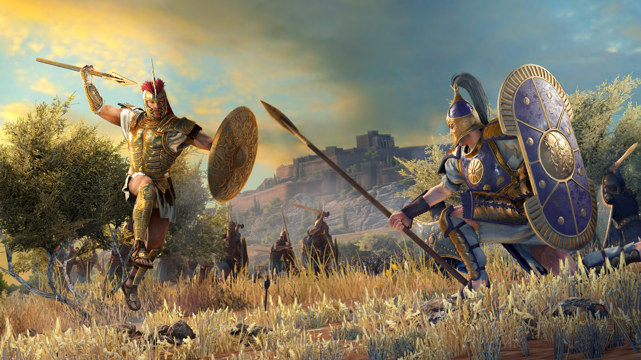 [04/06/2020] Wie schon in Total War: Three Kingdoms können sich Helden auch zu Duellen herausfordern. Sie treffen dann im Eins-gegen-Eins aufeinander – wie hier Achilles und Hektor.