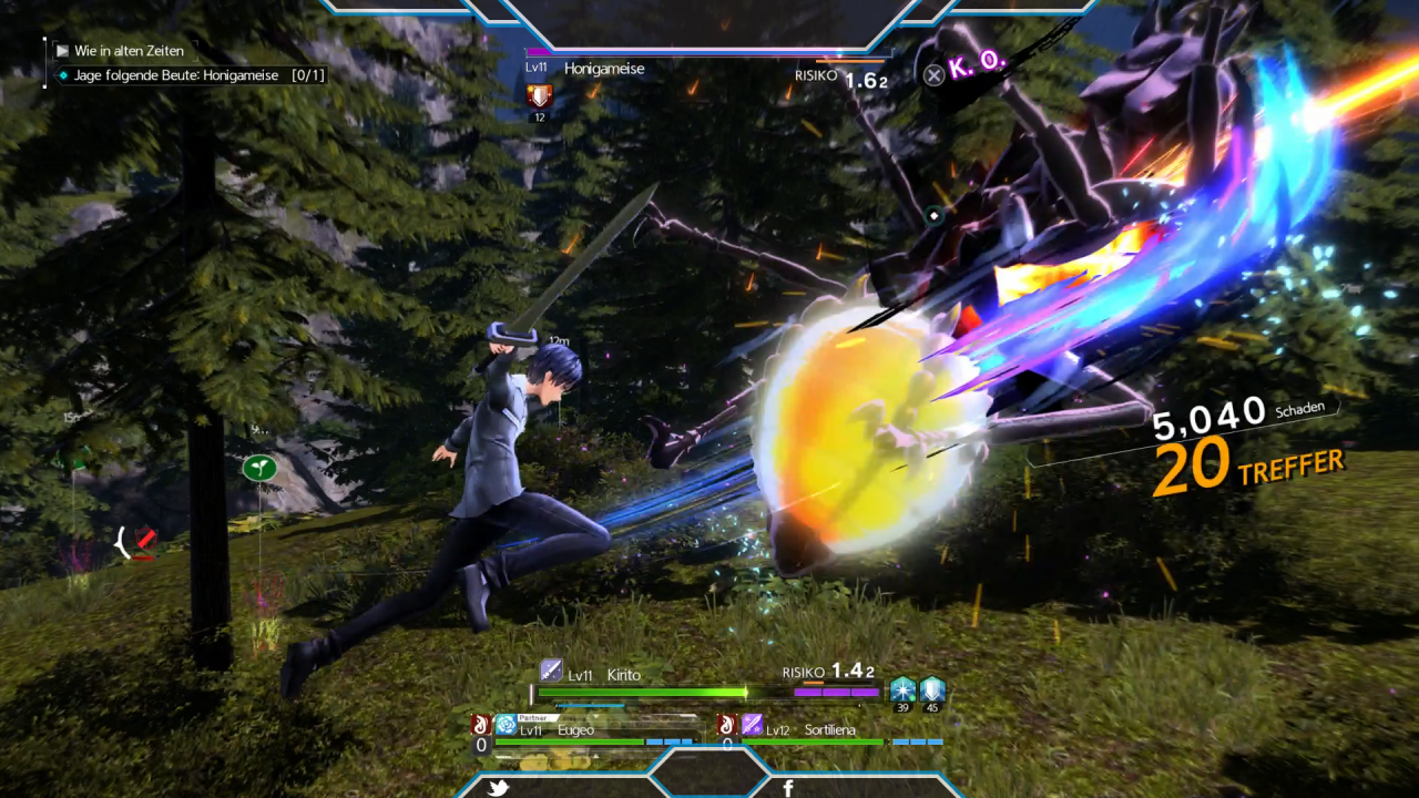 [28/07/2020] Mit einer farbenfrohen Kombo-Attacke gibt Kirito einer Riesenspinne den Todesstoß.