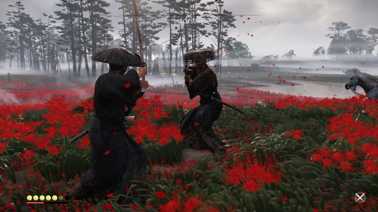 [17/07/2020] Der Kontrast zwischen Natur und Gewalt wird in Ghost of Tsushima sehr schön in Duellen zwischen Blumen oder Bäumen dargestellt.