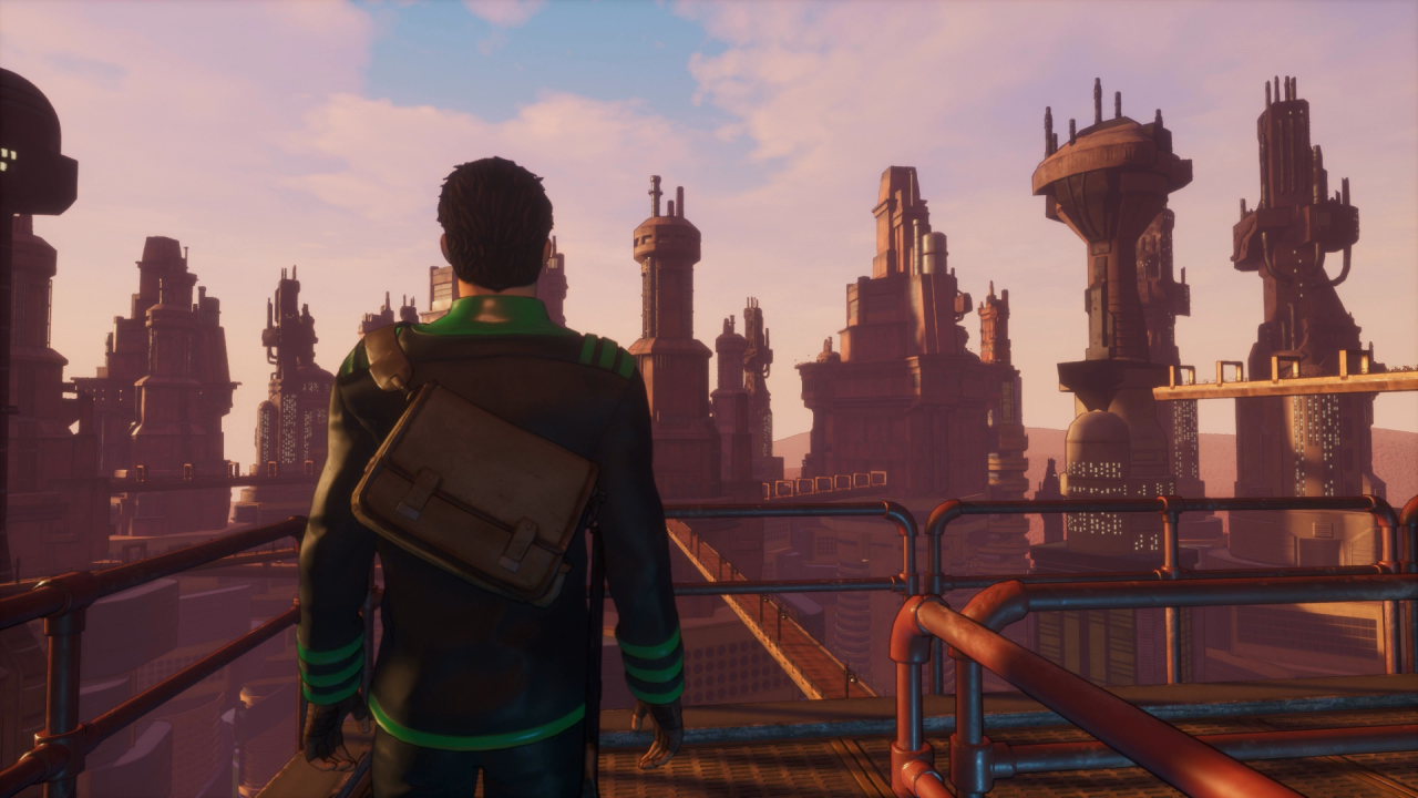 [16/07/2020] Wir konnten uns an der eindrucksvollen Skyline von Union City kaum satt sehen. Der Cel-Shading-Look tut dem Adventure enorm gut.