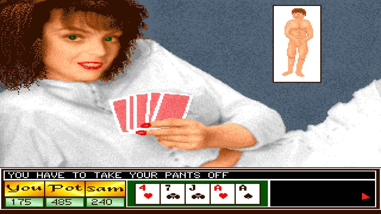 [16/07/2020] Strip Poker II+ spendiert uns 1988 ein Alter Ego: Gewinnt die KI, plöppt ein Fenster auf. Ebenso beachtlich: der fachmännisch aufgetragene Lippenstift der Gegnerin. (Bild: Amiga)