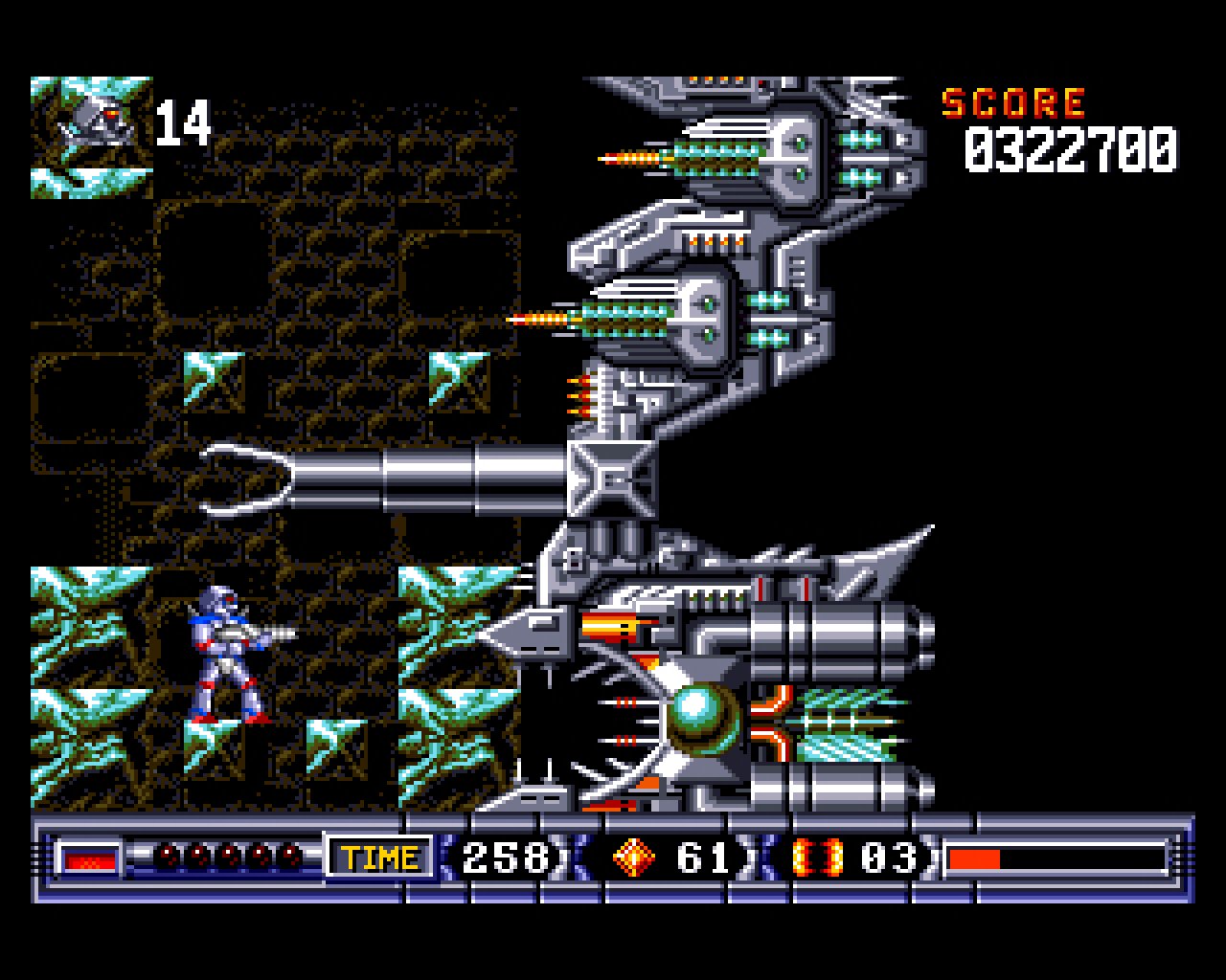 [02/07/2020] Turrican 2 war seiner Zeit so weit voraus, dass es selbst heute noch Spaß macht. Gerade die Bosse haben es in sich – wie etwa dieses Raumschiff mit dem Greifarm.