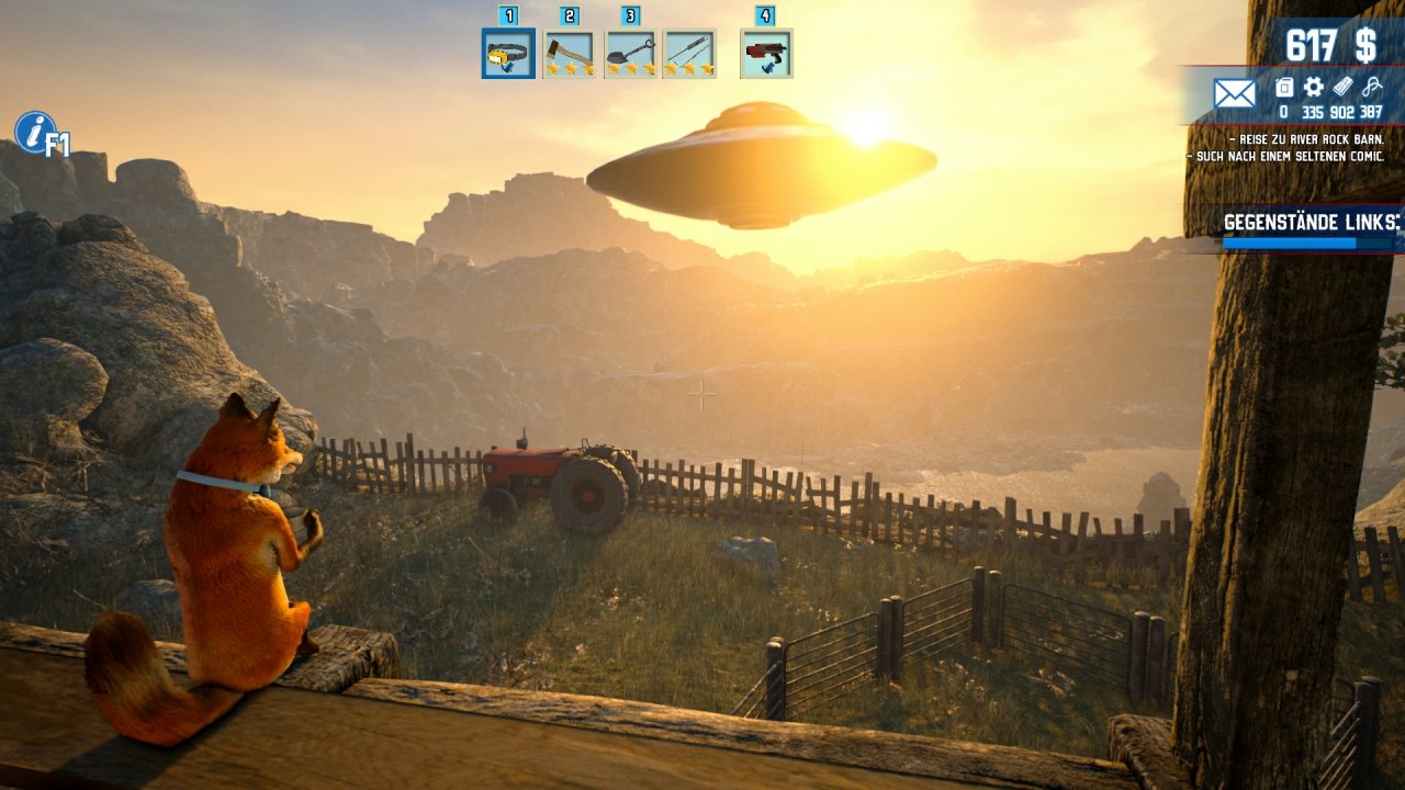 [11/09/2020] Bereits am Anfang wird klar, dass die Story von Barn Finders von Aliens handelt. In dieser Szene beobachten wir von einer Scheune aus ein Ufo im malerischen Sonnenuntergang. &nbsp;