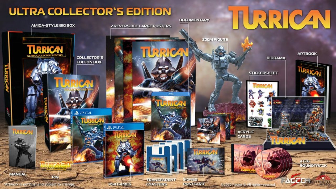 [25/09/2020] Die Turrican Ultra Collector's Edition ist unter anderem für Playstation 4 inzwischen ausverkauft. Für einen Preis von rund 200 Euro enthält sie nicht nur beide Anthology-Spielesammlungen, sondern auch eine Fülle von Goodies für Retro-Fans. &nbsp;