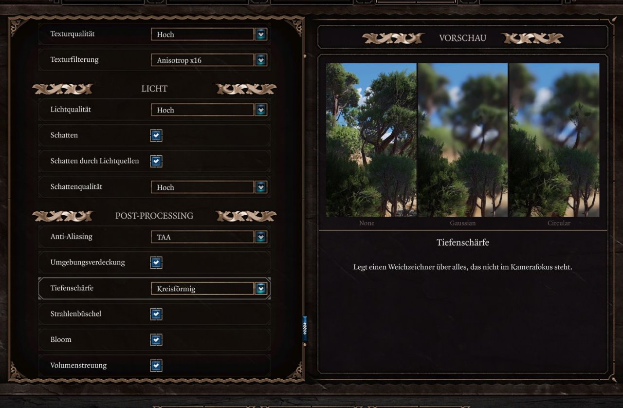 [09/10/2020] Vorbildlich zeigt sich das Grafikmenü bei Baldur's Gate 3 (Early Access), wo man sogar Beispiele der Untermenü-Einstellungen sehen kann.