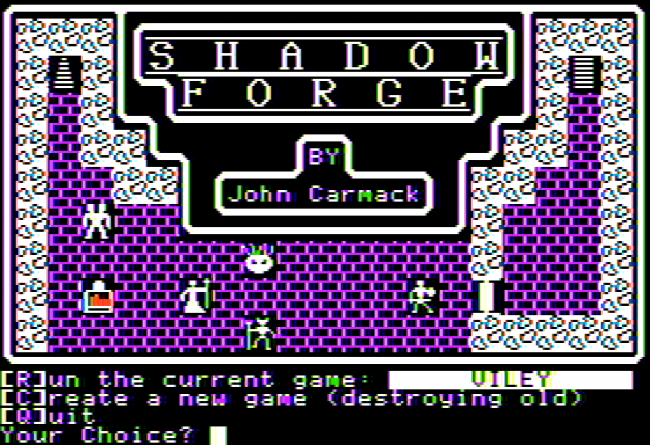 [18/02/2021] Das rundenbasierte Rollenspiel Shadowforge für den Apple II ist die erste Kreation aus der Feder von John Carmack. Das Ziel des Strichmännchenhelden besteht darin, ein magisches Artefakt namens Shadowforge zu finden und unschädlich zu machen. &nbsp;