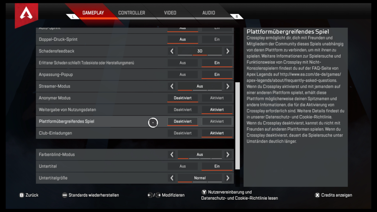 [16/03/2021] Nahezu unsichtbar: Die Option um Cross-Play auszuschalten, ist ziemlich gut im Menü versteckt und dummerweise automatisch aktiviert.