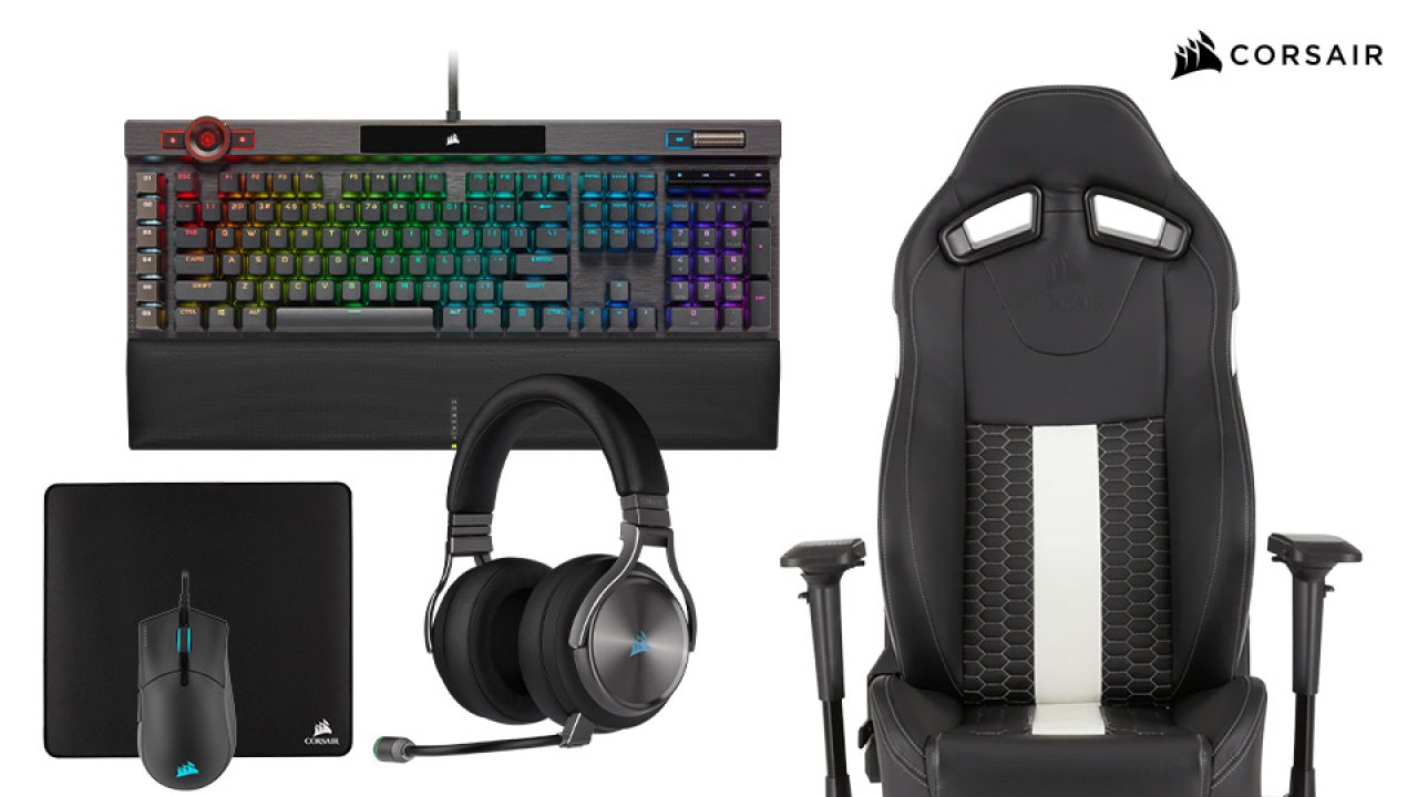 [27/04/2021] Corsair-iCUE-4-Paket im Wert von 900 Euro:&nbsp;K100 RGB Gaming-Tastatur, Sabre RGB PRO Gaming-Maus, MM350 Champion Series Mauspad - X-Large, Virtuoso RGB SE Gaming-Headset und T2 ROAD WARRIOR Gaming-Stuhl.