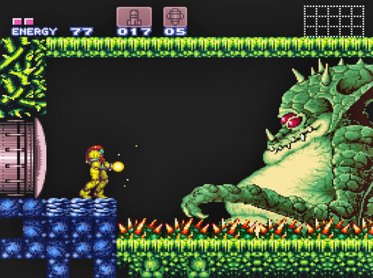Samus in einem Bosskampf in Super Metroid
