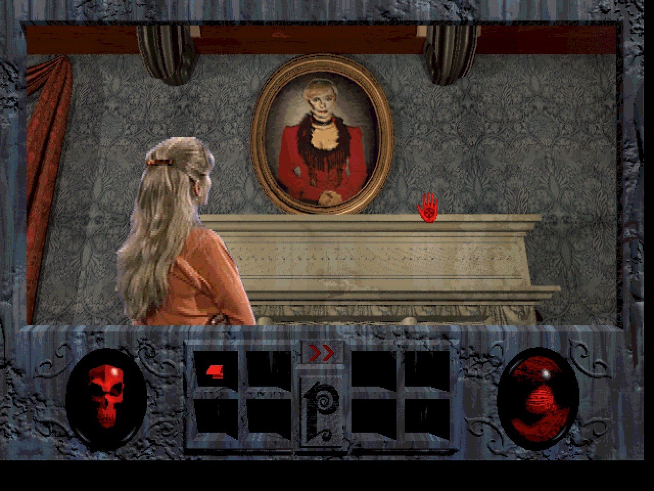[25/06/2021] Grusel-Assistent: Kommt man im Horror-Adventure Phantasmagoria (1995) mal nicht weiter, reicht ein Klick auf den Totenschädel unten links. &nbsp;