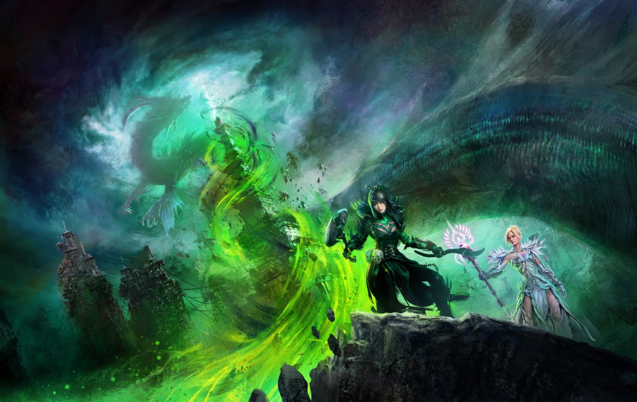 [27/07/2021] Dieses Promo-Bild zu End of Dragons zeigt das Paar Marjory und Kasmeer vor einem Gebäude, das stark an den verfluchten Erntetempel aus Factions erinnert. Im Hintergrund sieht man einen gigantischen Drachen.
