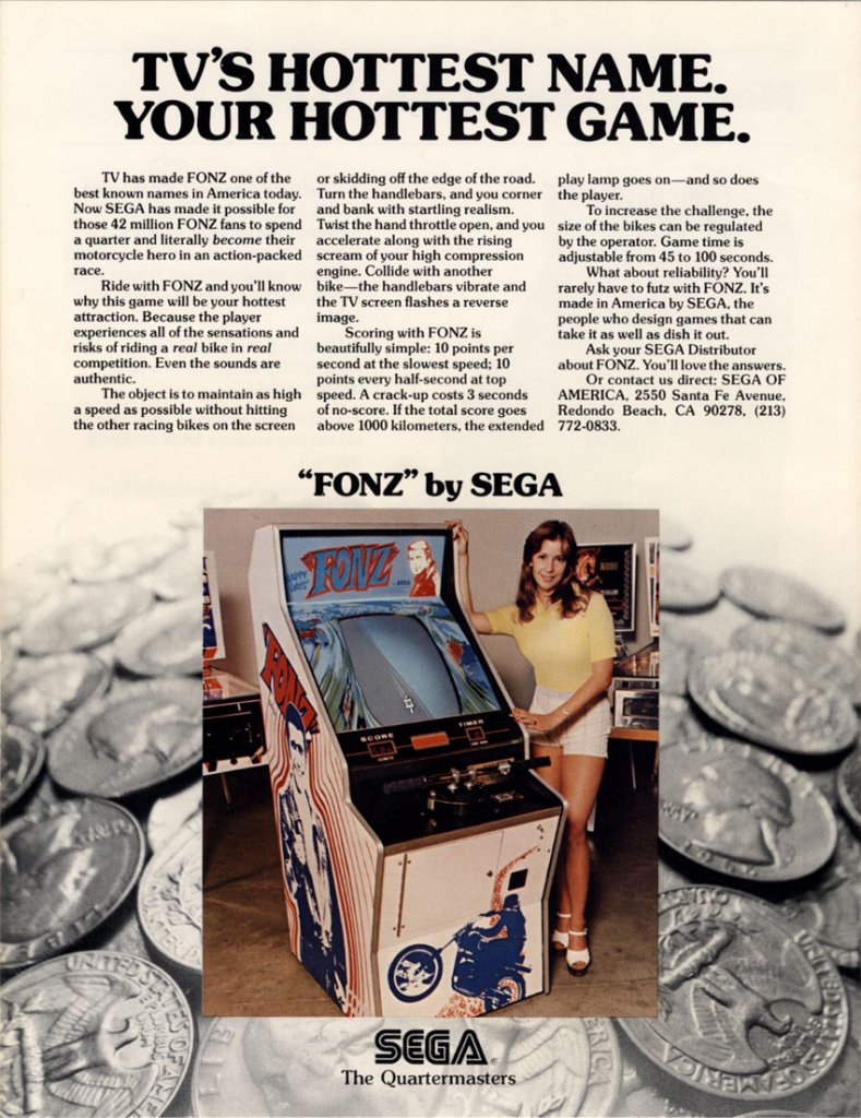 [20/08/2021] Schon in den frühen 70ern zählt Sega zu den Pionieren im Genre. Moto-Cross, später auch Fonz genannt, ist eines der allerersten Motorrad-Spiele. Man beachte die stilechte Lenkstange des Automaten! &nbsp;