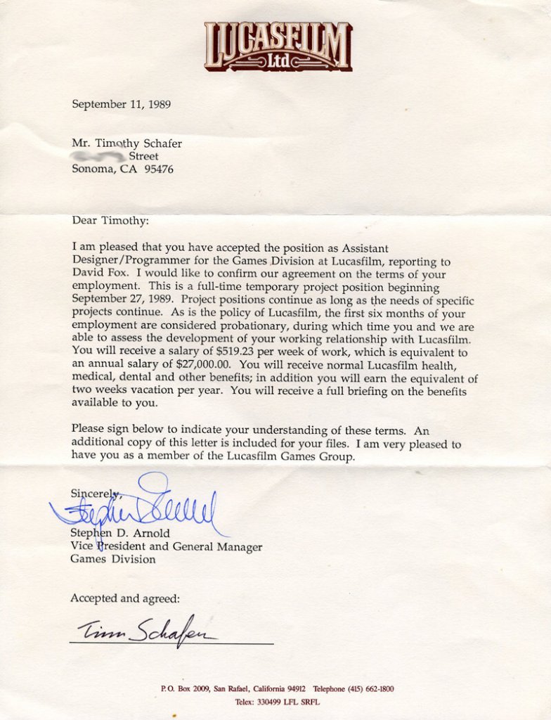 [27/10/2021] Am 11. September 1989 erhielt Tim Schafer diesen Jobzusage-Brief von Lucasfilm Games. Einstiegsgehalt: 519,23 Dollar pro Woche.