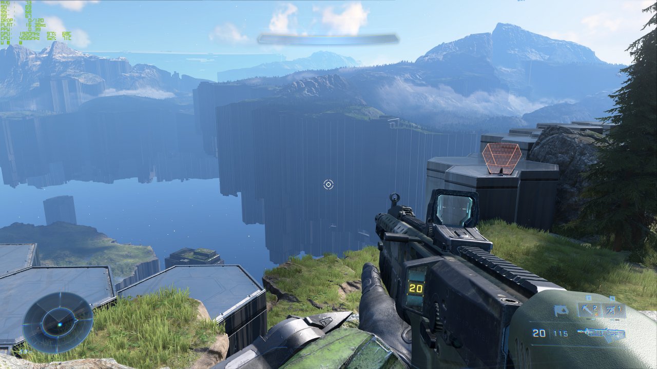 [13/12/2021] Halo: Infinite spielt auf einer künstlich generierten Welt, deren Vegation und Bauten auf sechseckigen, unterschiedlich hohen Pfeilern platziert ist.
