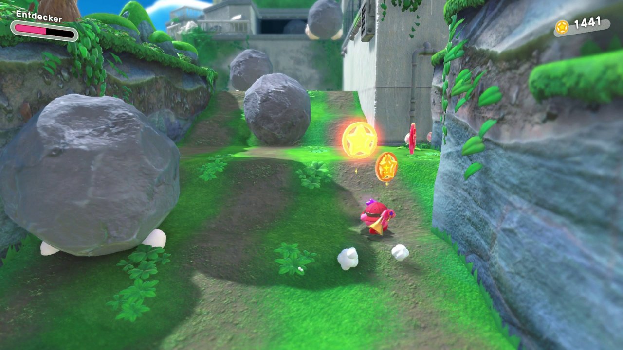 [25/03/2022] Kirby und das vergessene Land: Kugelsteinstraße: Entdecke auf deinem Weg bergauf den Seitenpfad.