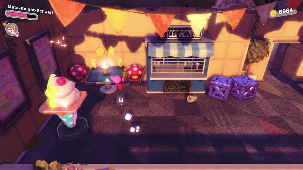 [25/03/2022] Kirby und das vergessene Land: Ambelen-Center (Mitarbeiterbereich): Probiere 3 Sorten von Eiscreme (1/3).