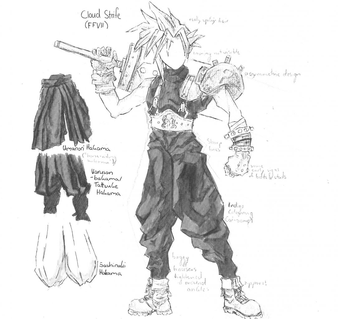 [27/04/2022] Nomuras Konzeptzeichnung zum Cloud aus Final Fantasy 7 ist noch wesentlich kantiger als seine Nachfolger. Auch wenn, dass Design aufgrund technischer Limitationen recht simpel ist, finden sich hier schon Ansätze von Nomuras späteren Design-Signaturen wie Gürtel, Nieten, Reisverschlüsse und ein insgesamt asymmetrisches Design. &nbsp;
