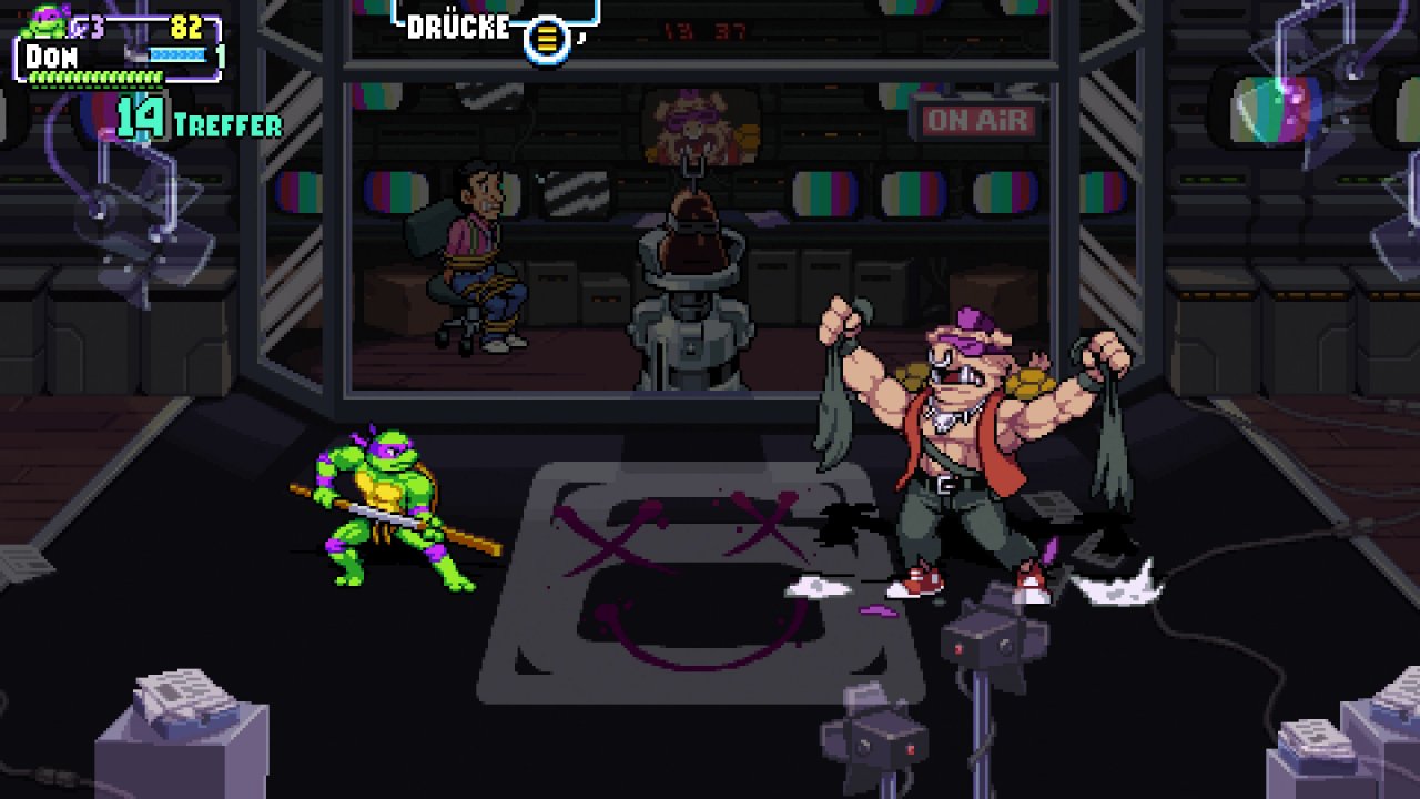 [09/05/2022] Brawler-typisch wartet am Ende jeder Stage ein Boss. In der Demo hauten wir Bebop und Rocksteady aufs Maul.