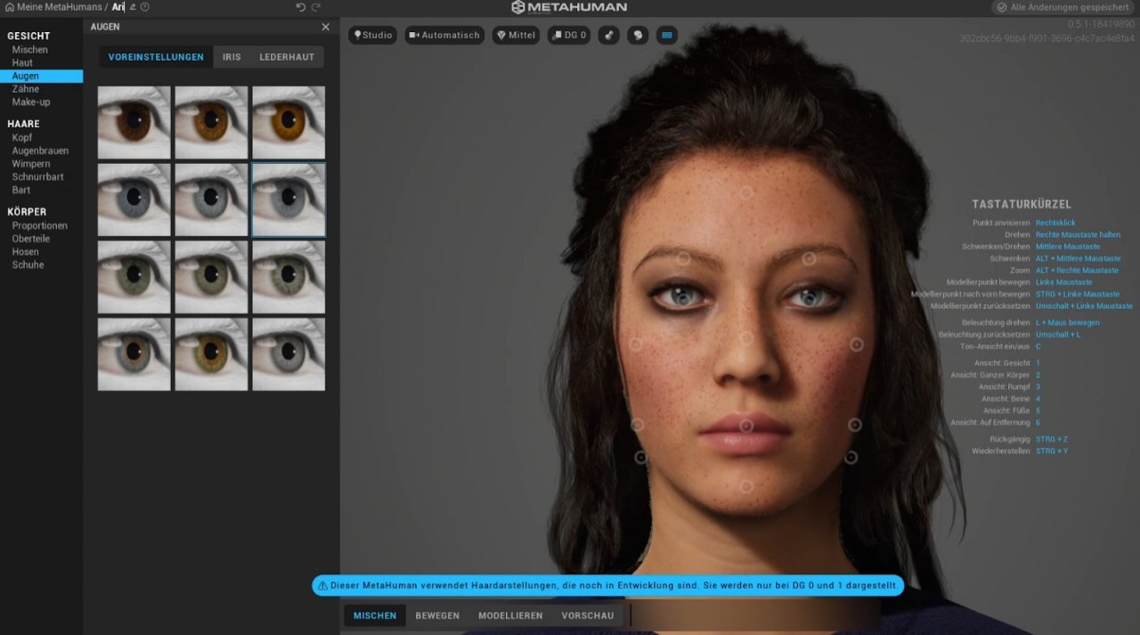 [24/05/2022] Das Interface von “MetaHuman Creator” mit einem Beispielmodell &nbsp;