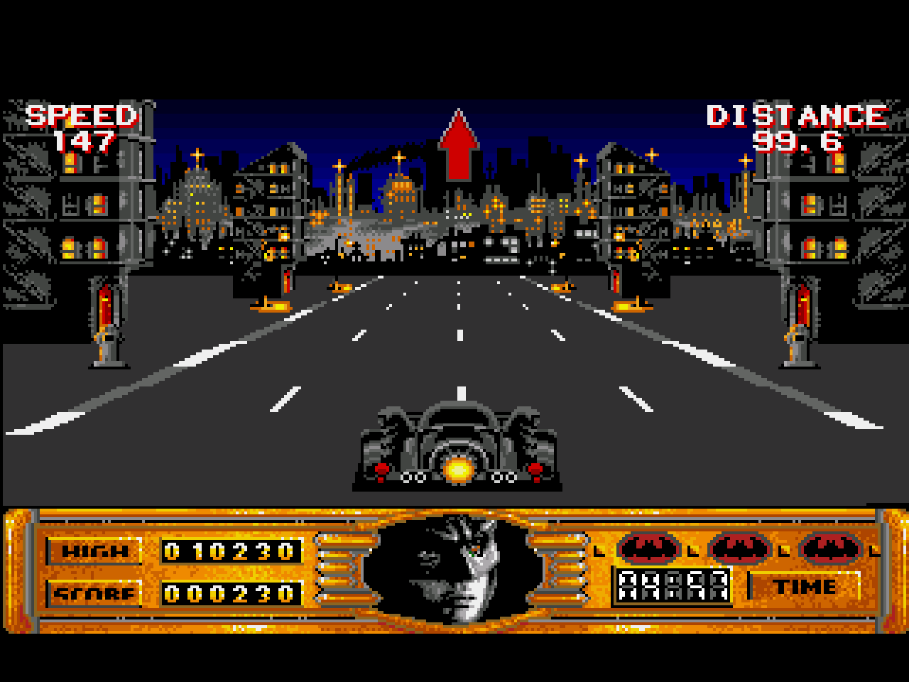 [27/05/2022] Oceans Batman: The Video Game basierte auf dem Tim-Burton-Film von 1989. Bei den Fahrten durch Gotham City (hier in der Amiga-Version) musste man im richtigen Moment per Tastendruck einen Enterhaken auswerfen, um sich an Laternen um die Ecken zu ziehen.