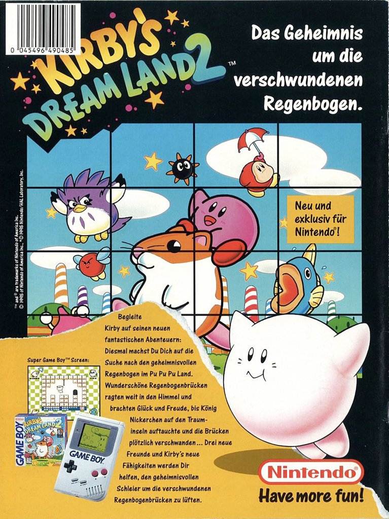 [08/06/2022] Kirby-Werbung im Nintendo-Magazin – auf der Anzeige von Kirby’s Pinball Land sieht der rosa Held nicht nur immer noch viel zu blass aus, sondern auch ganz anders als gewohnt: diese fürchterlichen Zähne! Urheber des Bilds war vermutlich ein externer Illustrator.