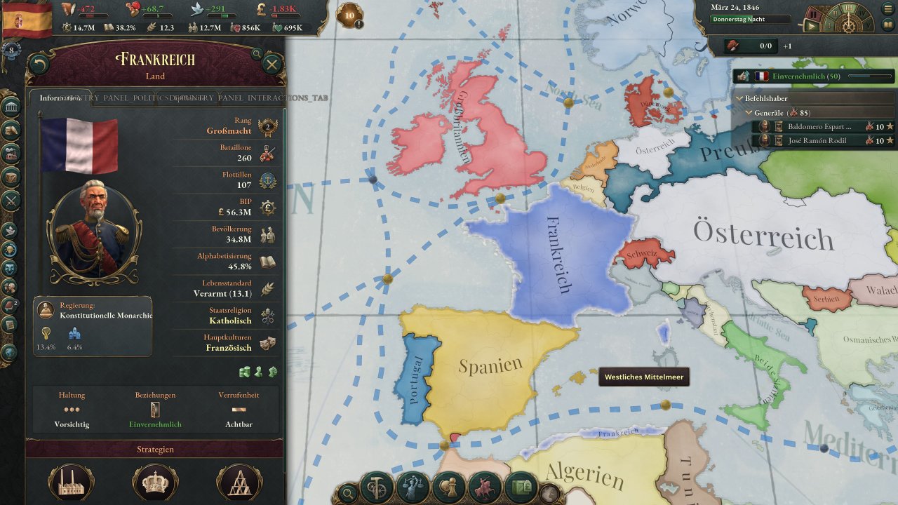 [30/08/2022] Frankreich und Spanien pflegen in dieser Partie ein sehr gutes Verhältnis. Über die Jahre investierte Spanien viel Einfluss in die Verbesserung des Klimas, um Handelsbeziehungen aufzuwerten.