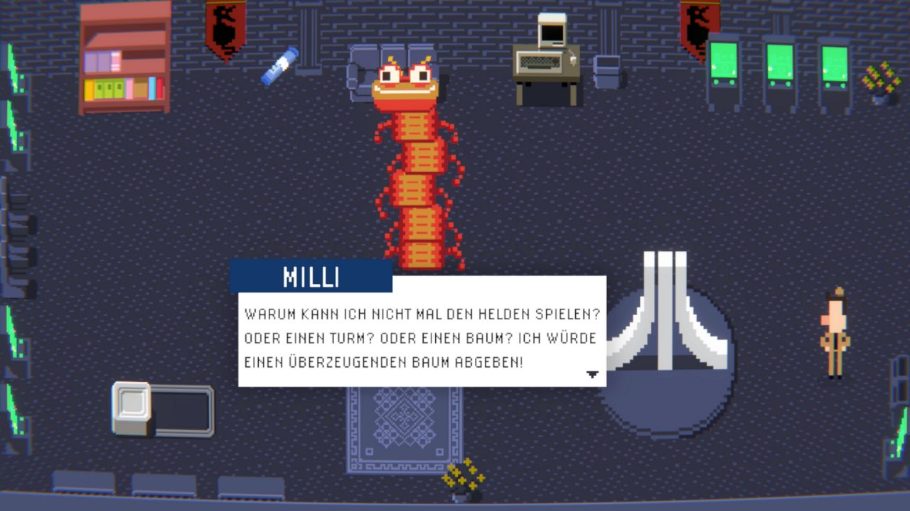 [26/10/2022] In den witzigen Zwischensequenzen nimmt Atari Games gerne auch mal Spieleklischees auf die Schippe. Dieser Screenshot zeigt einen der bekanntesten Charaktere, den Tausendfüßer aus Millipede. &nbsp;